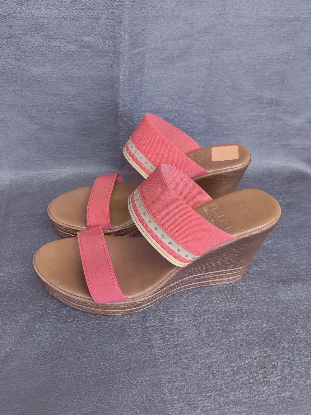 Italian Shoemakers Coral Pink Leather Wedge Slide Sandals Made Italy 8.5M